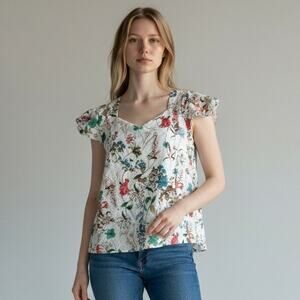 NWOT Sanctuary Womens Cotton Floral Print Cold Shoulder Blouse Eyelet Lace MED